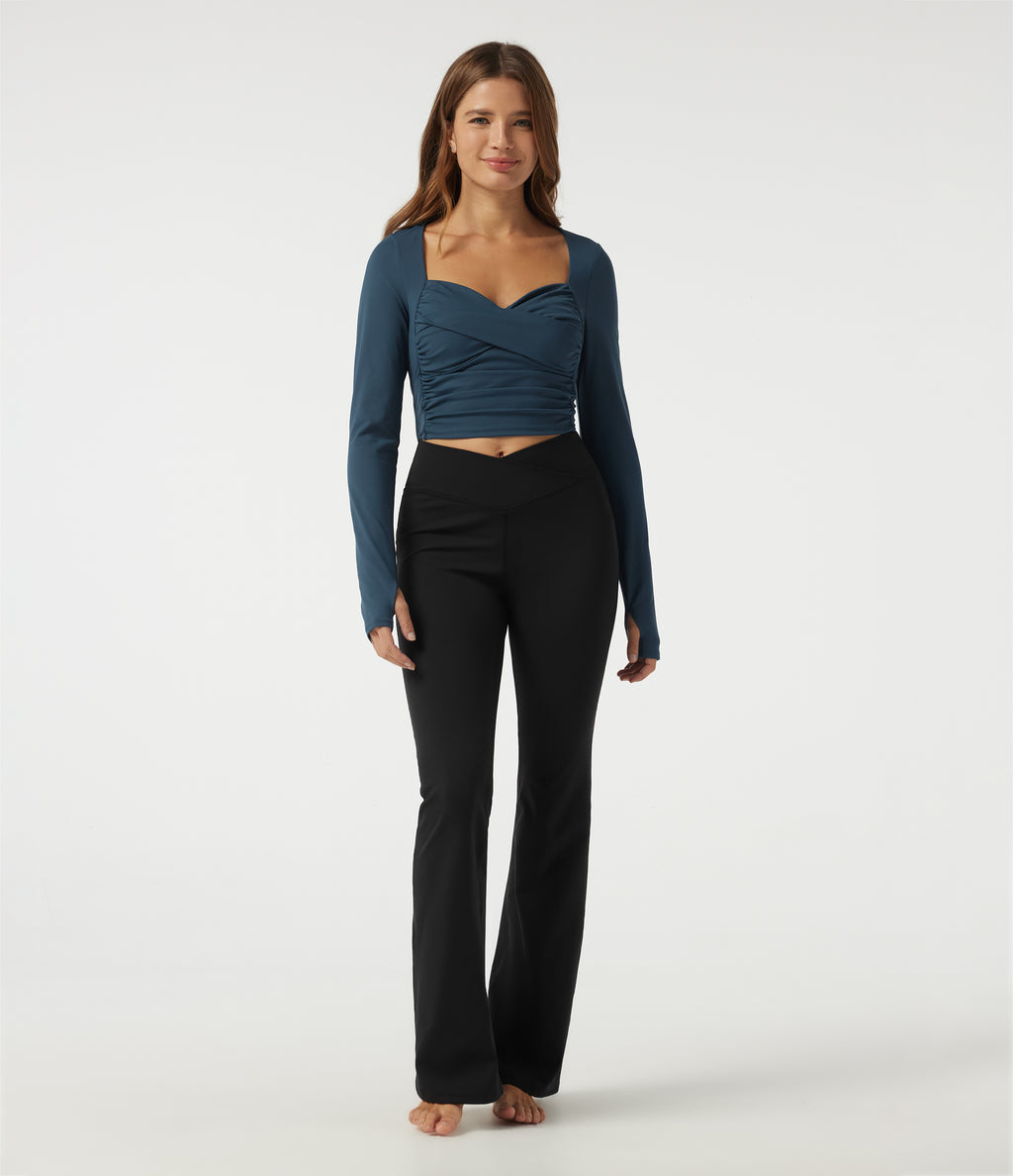Airy Sweetheart Neck Long Sleeve Built-in Bra Ruched InstantCool Yoga Sports Top with Thumbholes — Majolica Blue — view 8