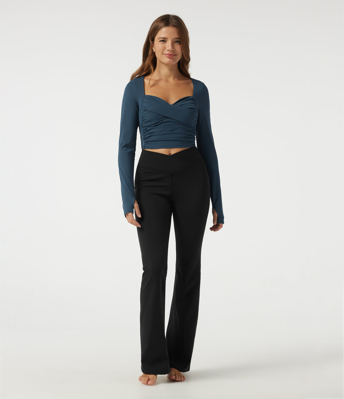 Airy Sweetheart Neck Long Sleeve Built-in Bra Ruched InstantCool Yoga Sports Top with Thumbholes — Majolica Blue — view 8