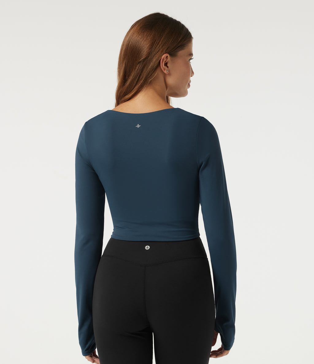 Airy Sweetheart Neck Long Sleeve Built-in Bra Ruched InstantCool Yoga Sports Top with Thumbholes — Majolica Blue — view 2