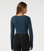 Airy Sweetheart Neck Long Sleeve Built-in Bra Ruched InstantCool Yoga Sports Top with Thumbholes — Majolica Blue — view 2