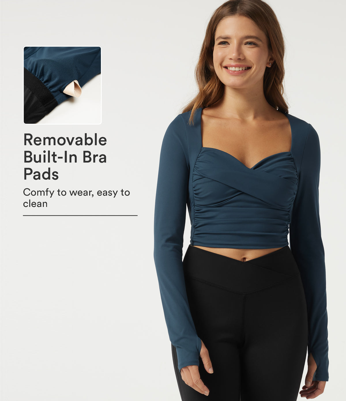 Airy Sweetheart Neck Long Sleeve Built-in Bra Ruched InstantCool Yoga Sports Top with Thumbholes — Majolica Blue — view 1