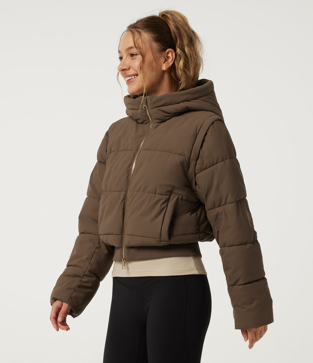 PuffFlex Removable Hood Wrinkle Recovery Long Sleeve Workout Padded Jacket with and Pockets — Chestnut Brown — view 3