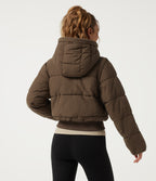 PuffFlex Removable Hood Wrinkle Recovery Long Sleeve Workout Padded Jacket with and Pockets — Chestnut Brown — view 2