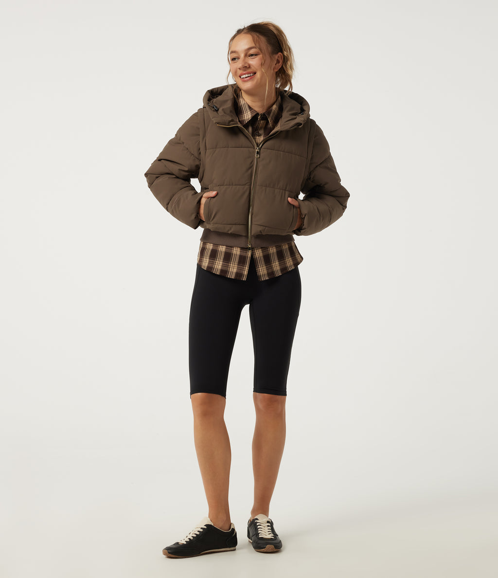 PuffFlex Removable Hood Wrinkle Recovery Long Sleeve Workout Padded Jacket with and Pockets — Chestnut Brown — view 5