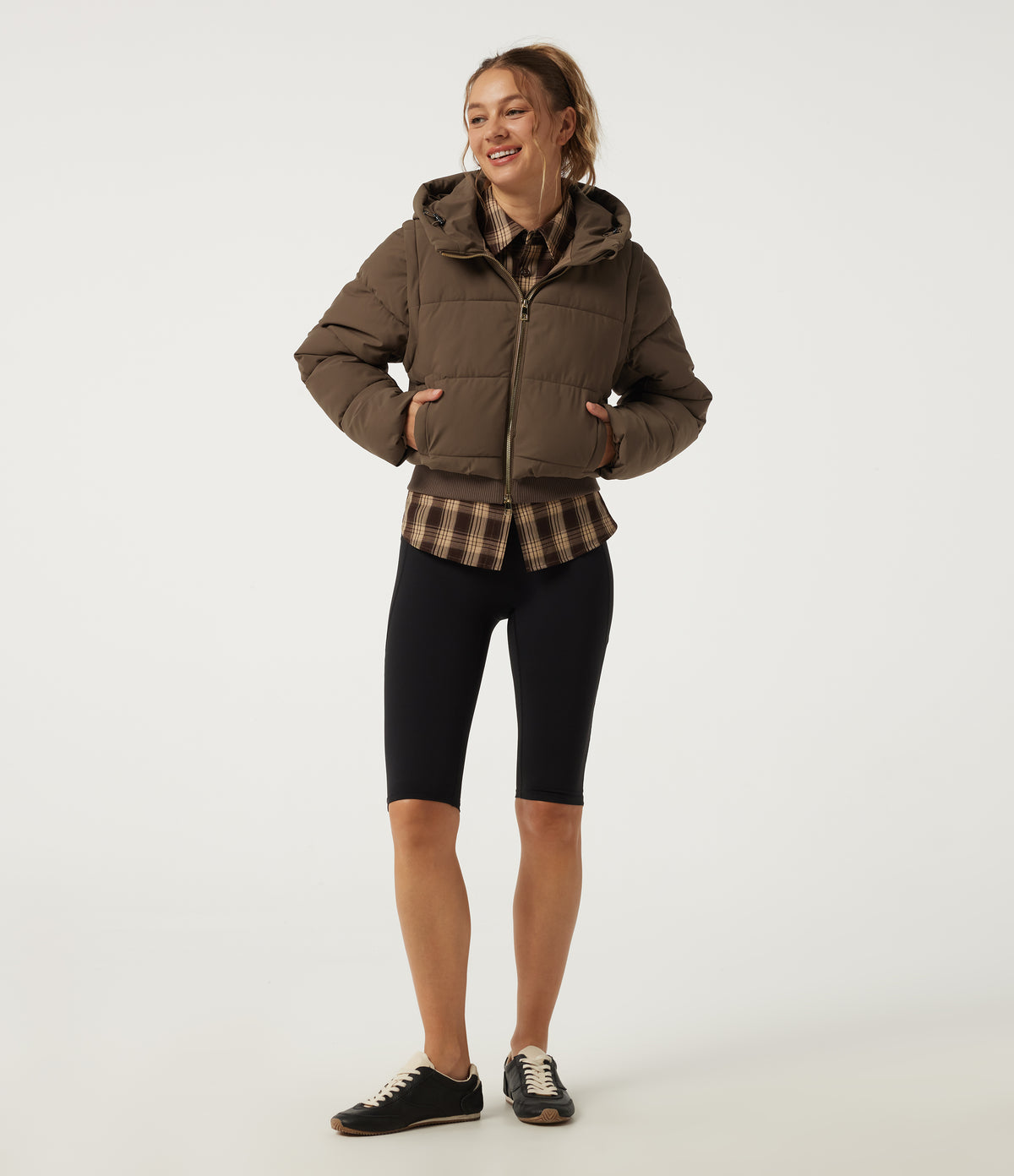 PuffFlex Removable Hood Wrinkle Recovery Long Sleeve Workout Padded Jacket with and Pockets — Chestnut Brown — view 5
