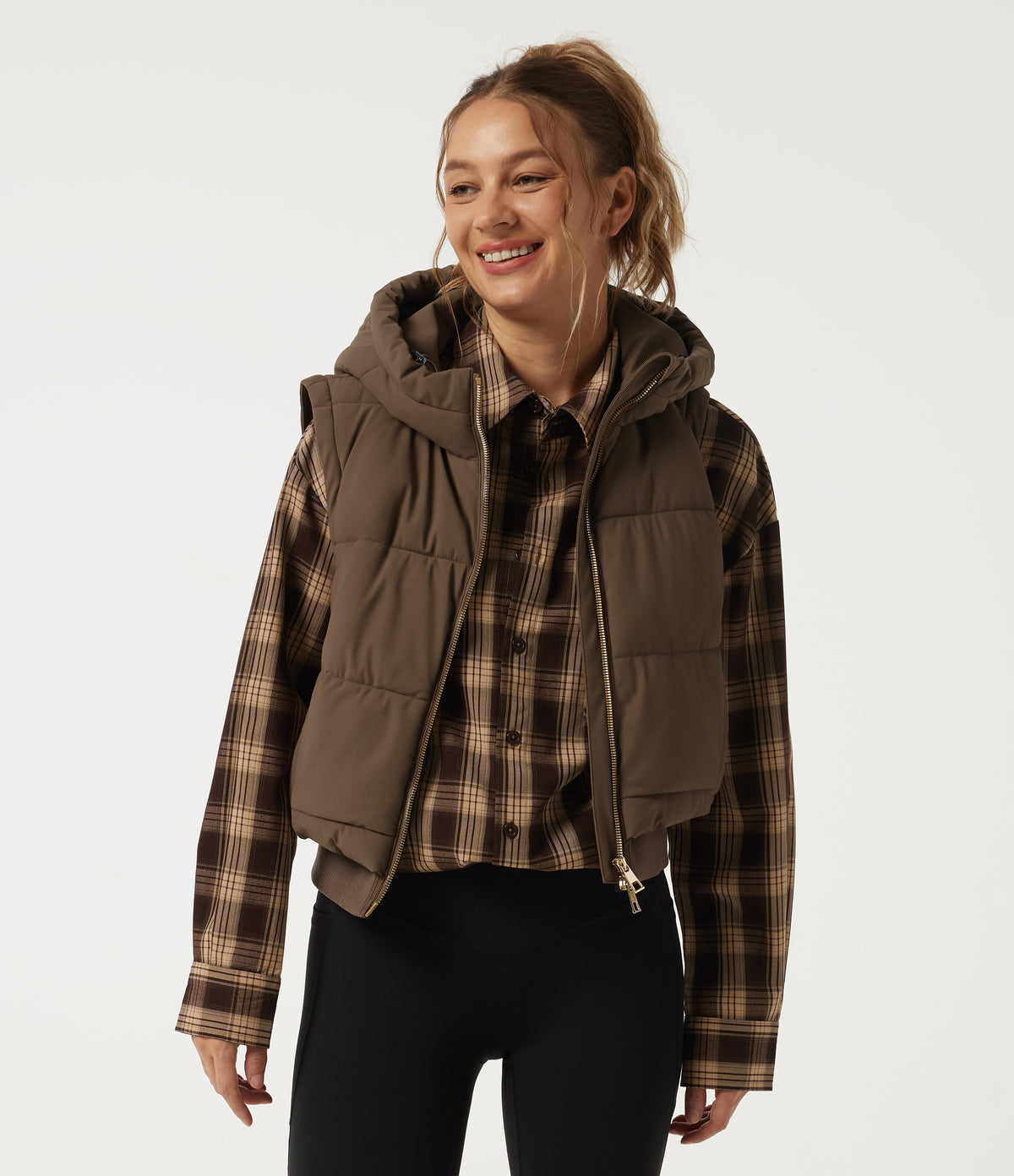 PuffFlex Removable Hood Wrinkle Recovery Long Sleeve Workout Padded Jacket with and Pockets — Chestnut Brown — view 4