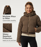 PuffFlex Removable Hood Wrinkle Recovery Long Sleeve Workout Padded Jacket with and Pockets — Chestnut Brown — view 1