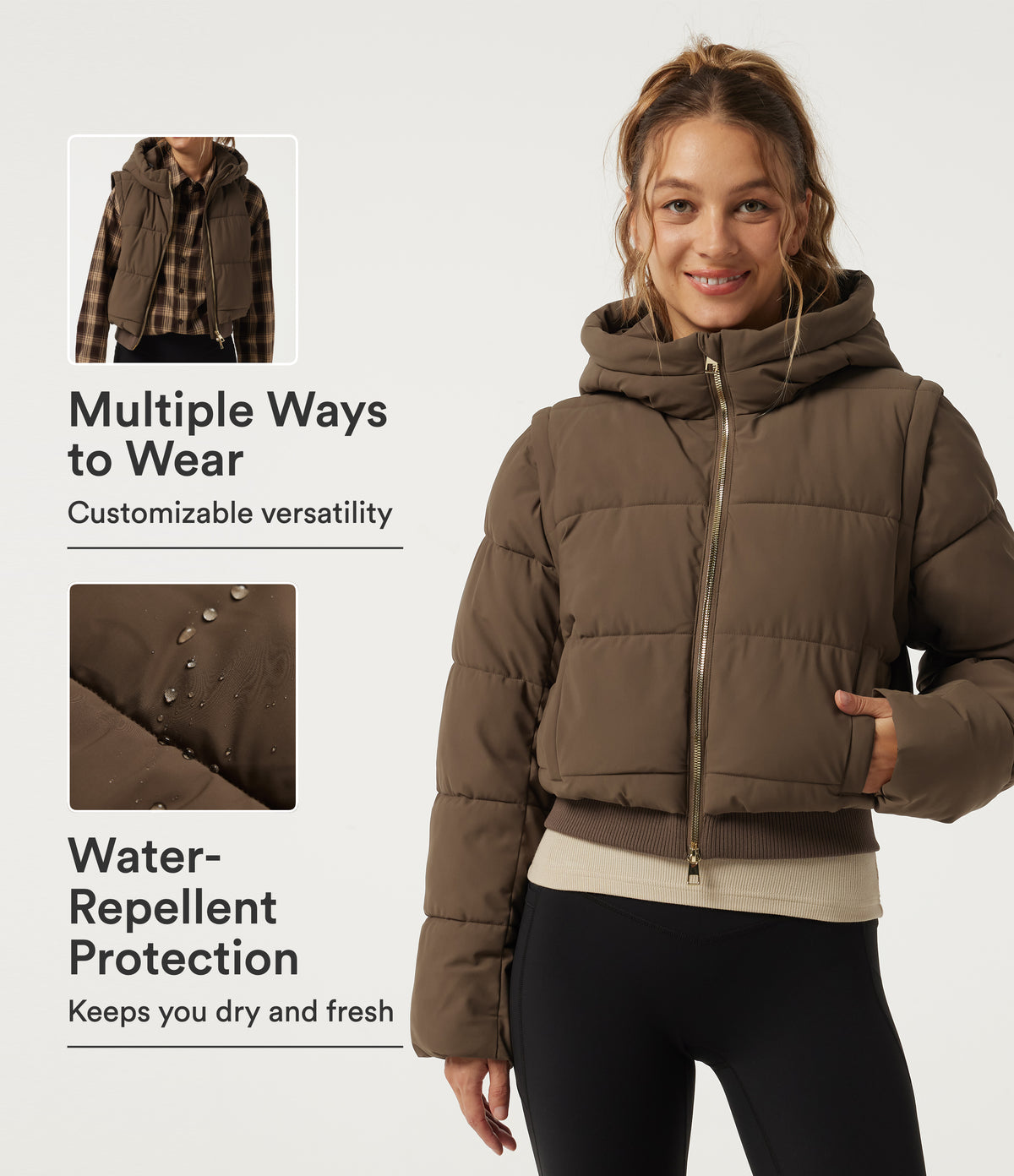 PuffFlex Removable Hood Wrinkle Recovery Long Sleeve Workout Padded Jacket with and Pockets — Chestnut Brown — view 1
