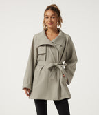 Stand Collar Long Sleeve Work Trench Coat with Pockets — Earth Tile Gray — view 1