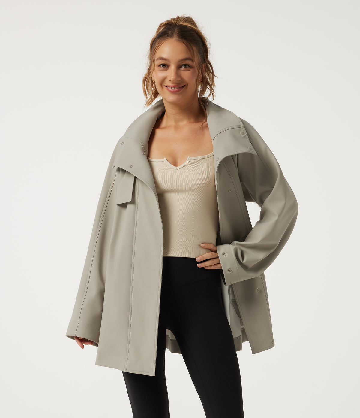 Stand Collar Long Sleeve Work Trench Coat with Pockets — Earth Tile Gray — view 4