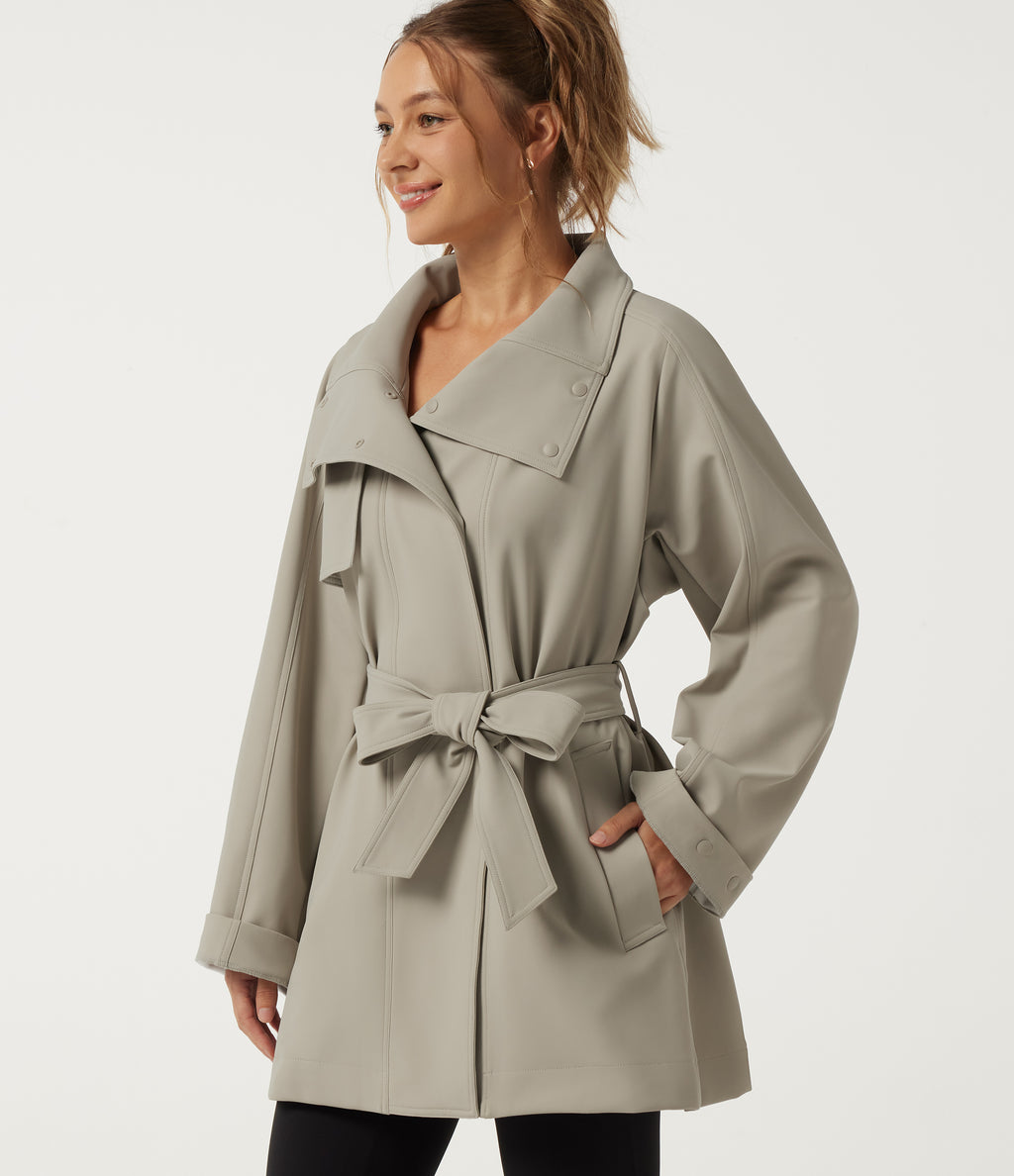 Stand Collar Long Sleeve Work Trench Coat with Pockets — Earth Tile Gray — view 5