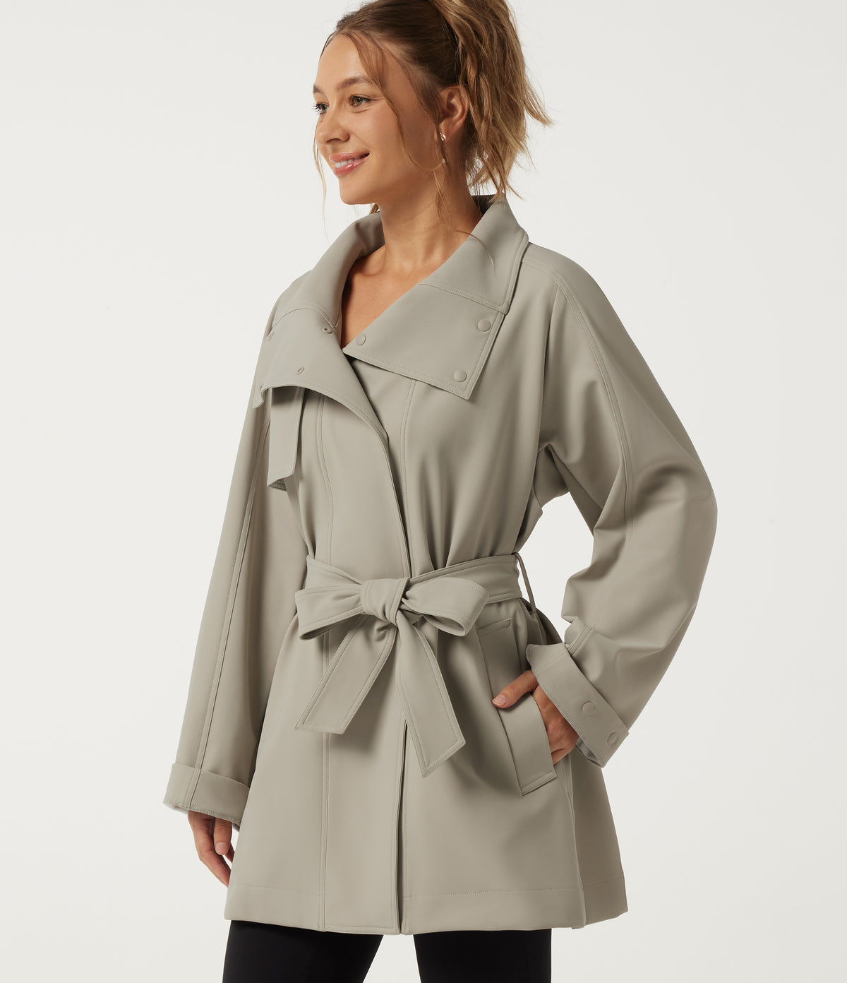 Stand Collar Long Sleeve Work Trench Coat with Pockets — Earth Tile Gray — view 5