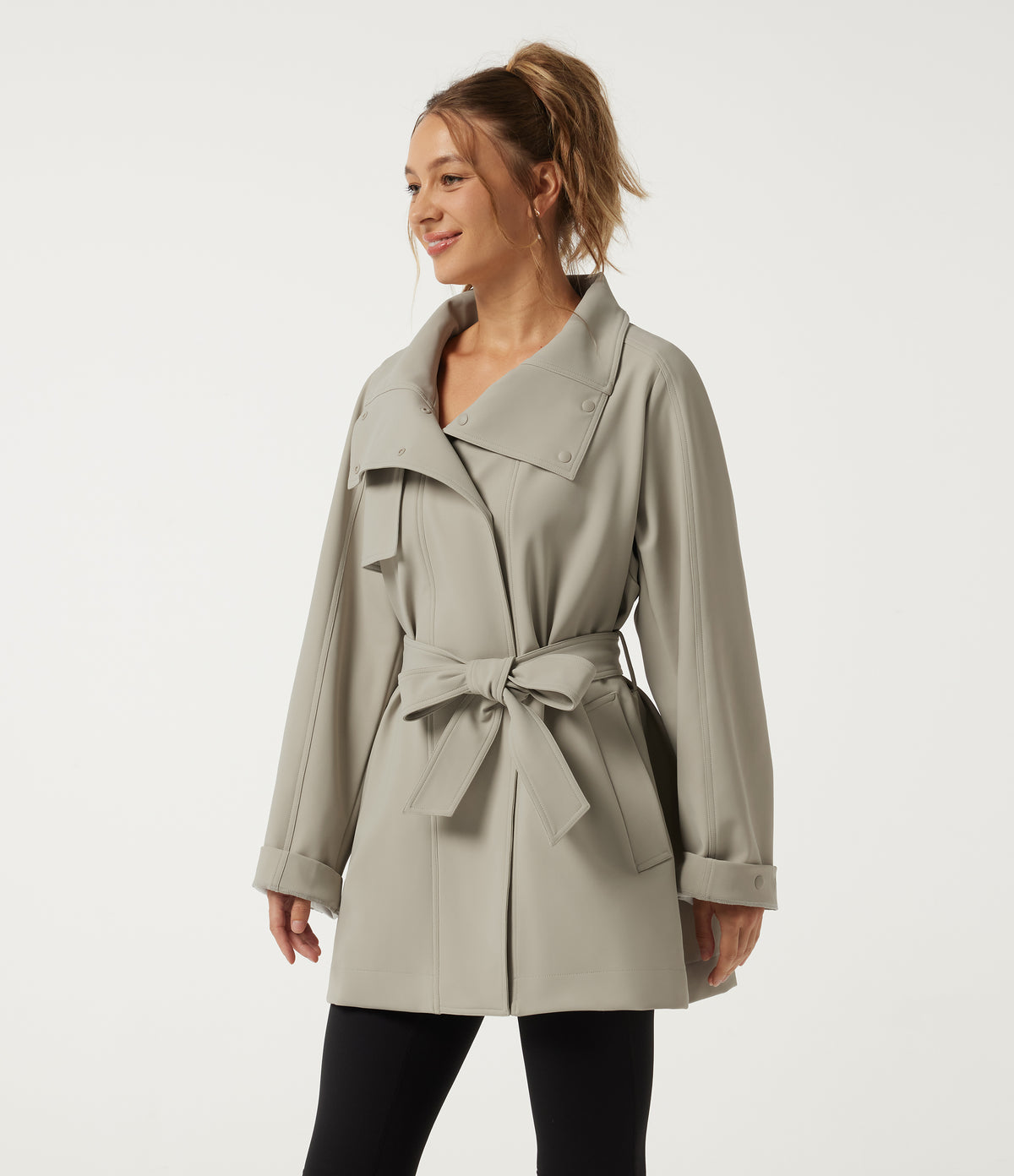 Stand Collar Long Sleeve Work Trench Coat with Pockets — Earth Tile Gray — view 3