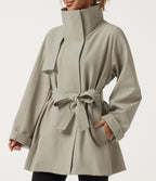 Stand Collar Long Sleeve Work Trench Coat with Pockets — Earth Tile Gray — view 6