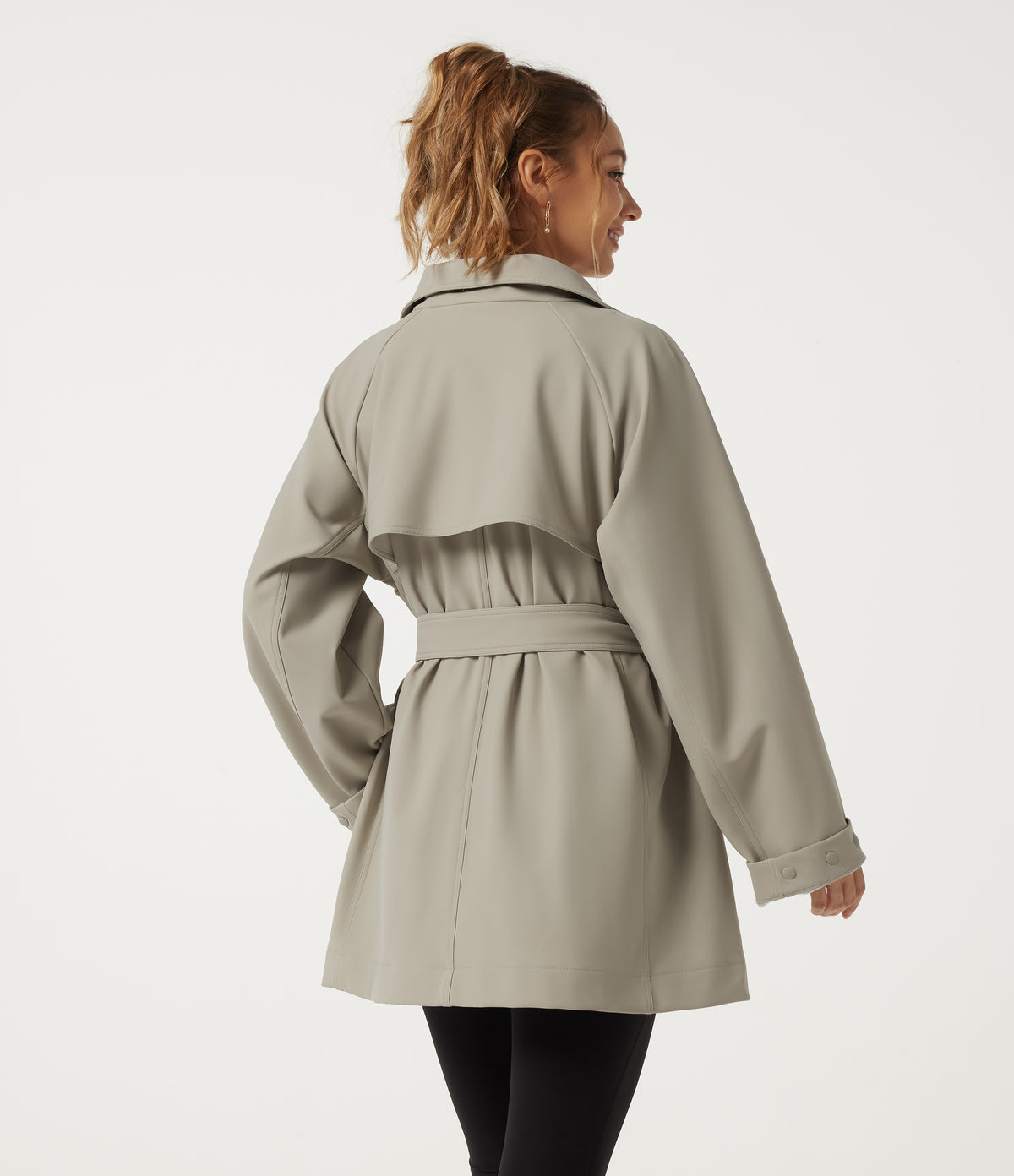 Stand Collar Long Sleeve Work Trench Coat with Pockets — Earth Tile Gray — view 2