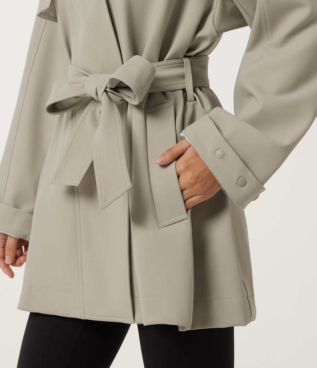 Stand Collar Long Sleeve Work Trench Coat with Pockets — Earth Tile Gray — view 7