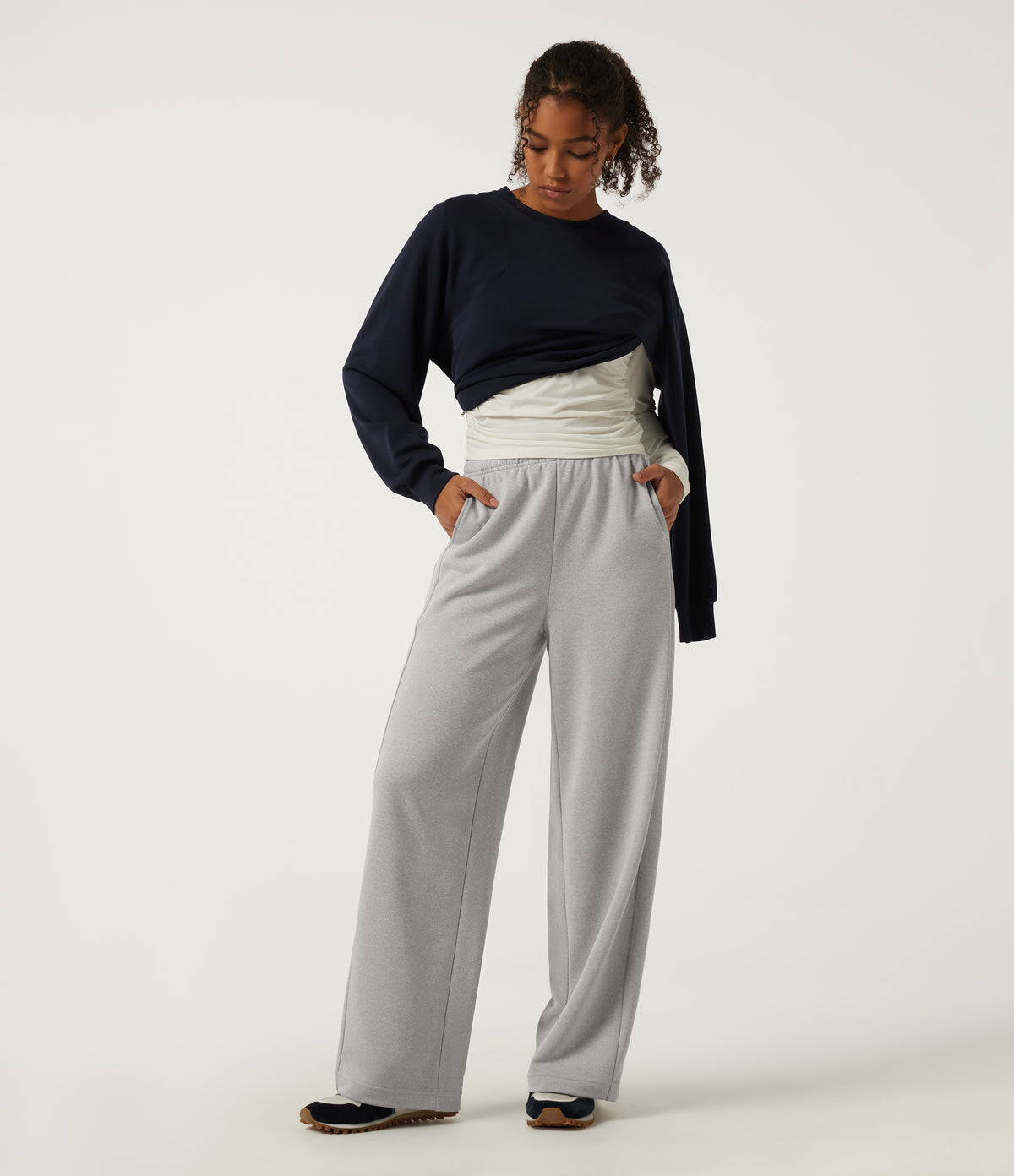 High Waisted Drawstring Straight Leg Casual Sweatpants with Pockets — Fog Gray — view 6