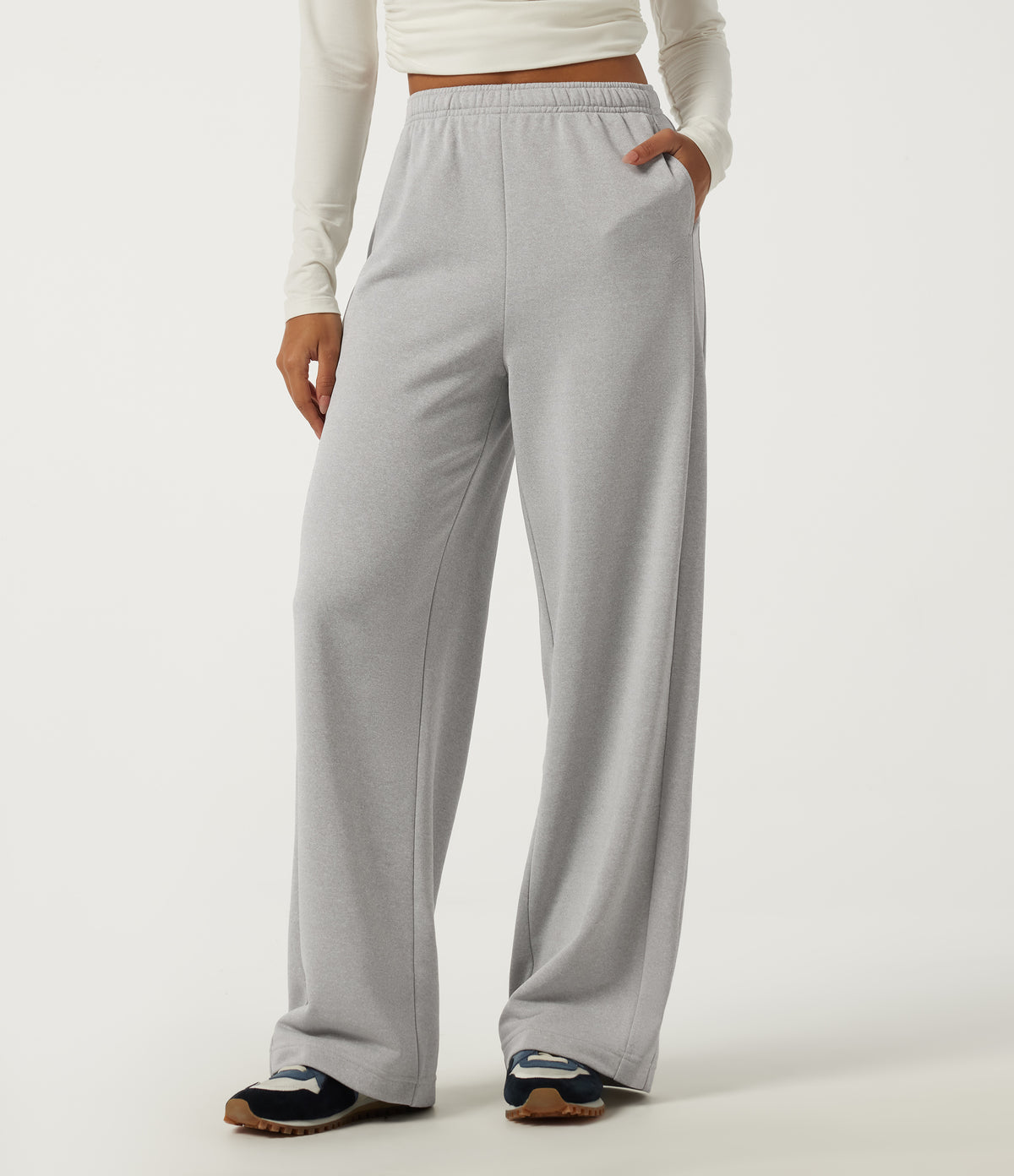 High Waisted Drawstring Straight Leg Casual Sweatpants with Pockets — Fog Gray — view 1
