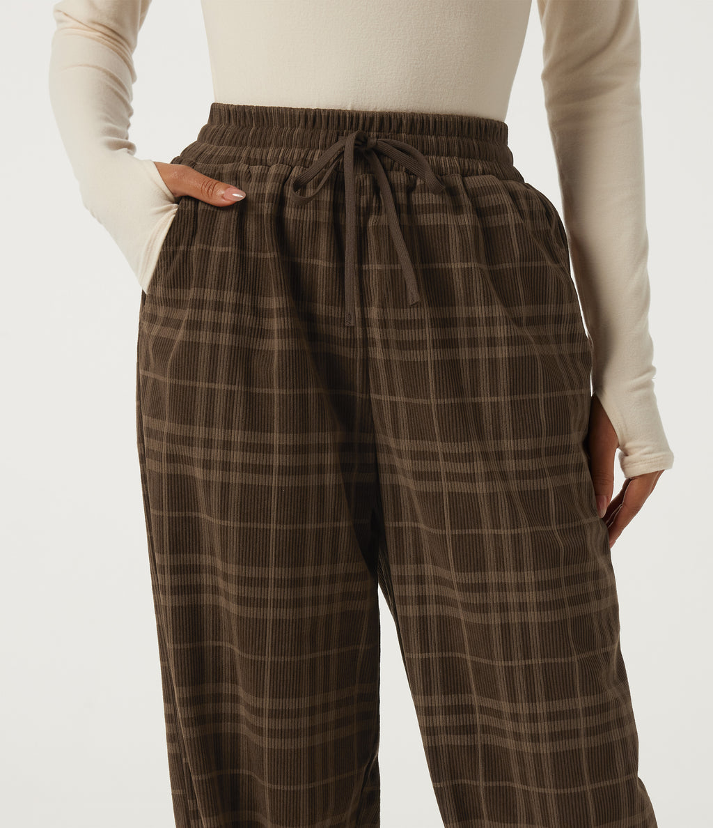 High Waisted Drawstring Wide Leg Plaid Corduroy Casual Trousers with Pockets — Cocoa Tartan — view 4