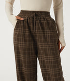 High Waisted Drawstring Wide Leg Plaid Corduroy Casual Trousers with Pockets — Cocoa Tartan — view 4