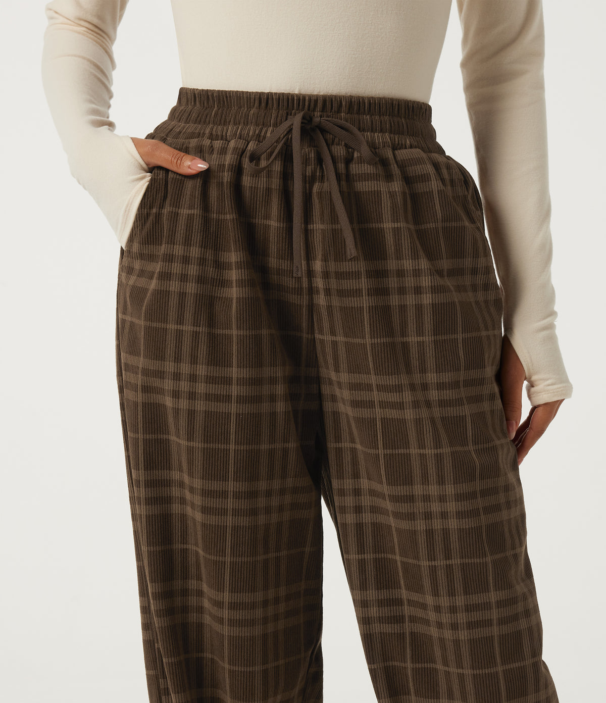 High Waisted Drawstring Wide Leg Plaid Corduroy Casual Trousers with Pockets — Cocoa Tartan — view 4