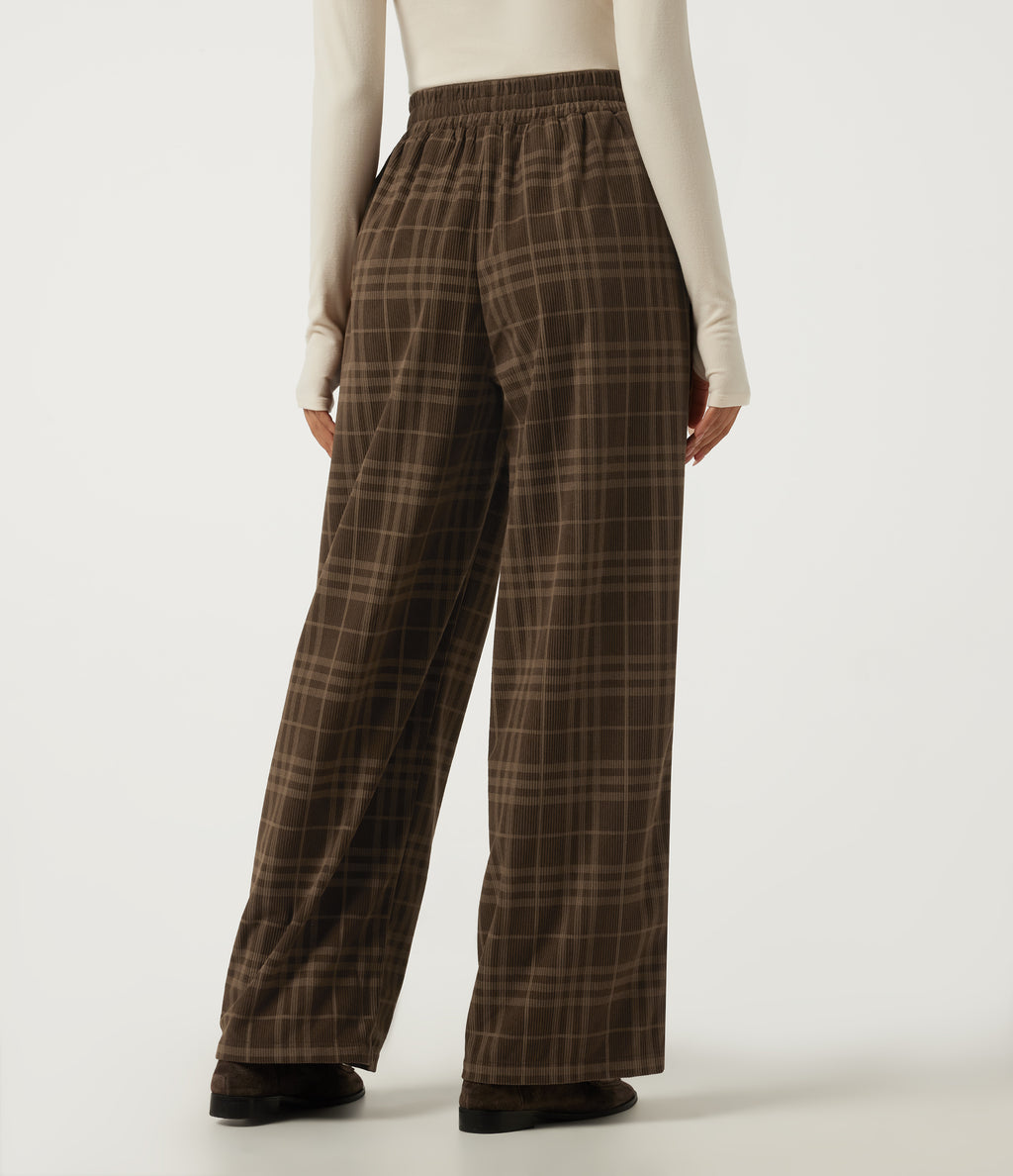 High Waisted Drawstring Wide Leg Plaid Corduroy Casual Trousers with Pockets — Cocoa Tartan — view 2