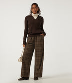 High Waisted Drawstring Wide Leg Plaid Corduroy Casual Trousers with Pockets — Cocoa Tartan — view 5