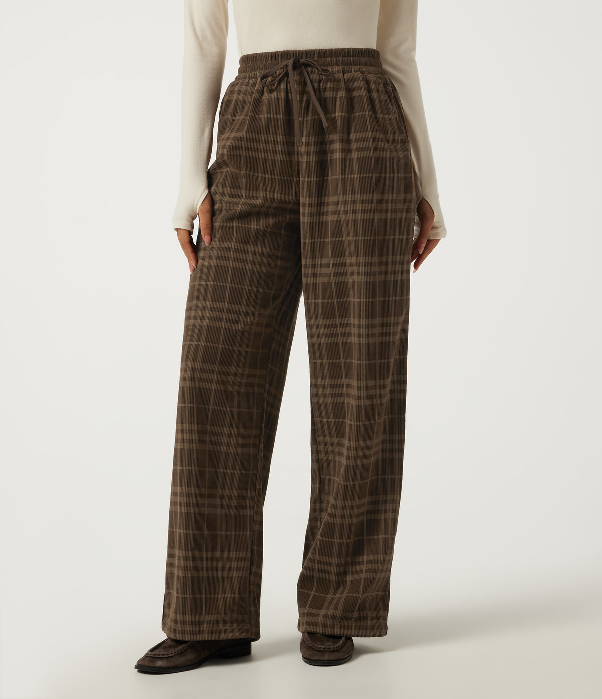 High Waisted Drawstring Wide Leg Plaid Corduroy Casual Trousers with Pockets — Cocoa Tartan — view 3