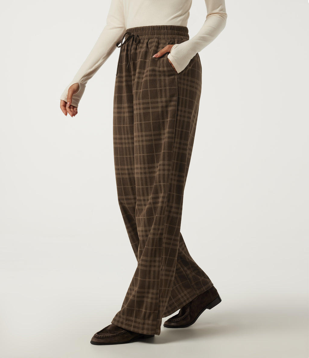 High Waisted Drawstring Wide Leg Plaid Corduroy Casual Trousers with Pockets — Cocoa Tartan — view 1