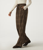 High Waisted Drawstring Wide Leg Plaid Corduroy Casual Trousers with Pockets — Cocoa Tartan — view 1