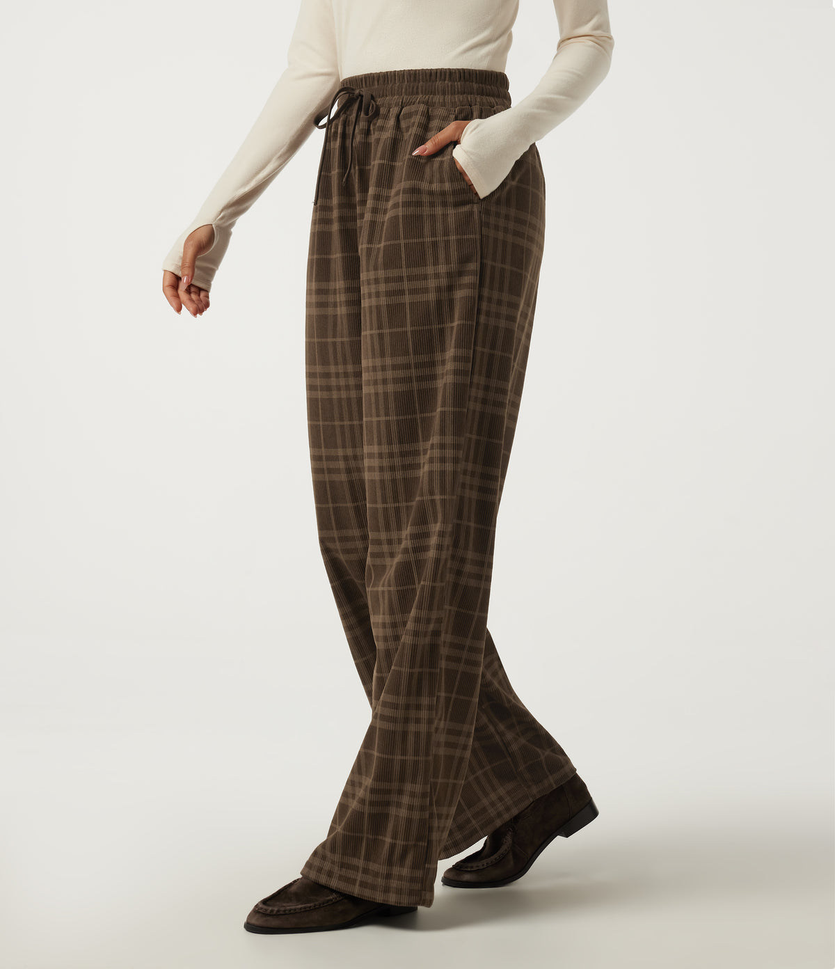 High Waisted Drawstring Wide Leg Plaid Corduroy Casual Trousers with Pockets — Cocoa Tartan — view 1