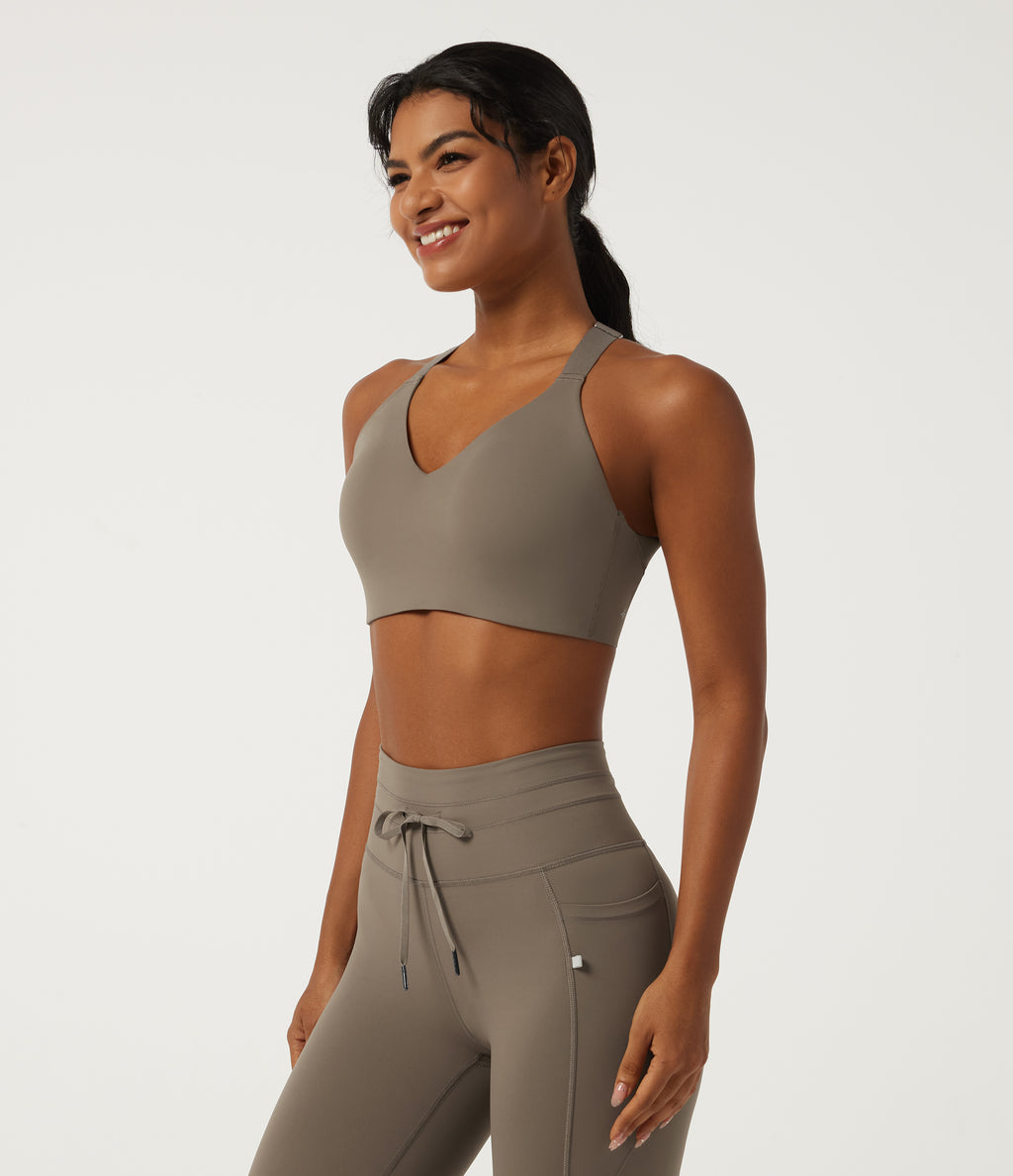 Deep V Neck Crisscross Back Training Sports Bras with Built-in Bra — Hay Brown — view 3