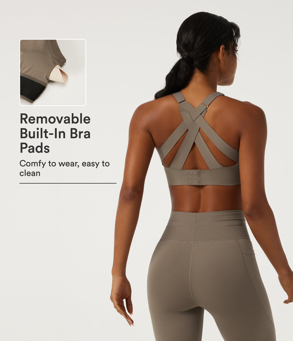 Deep V Neck Crisscross Back Training Sports Bras with Built-in Bra — Hay Brown — view 1