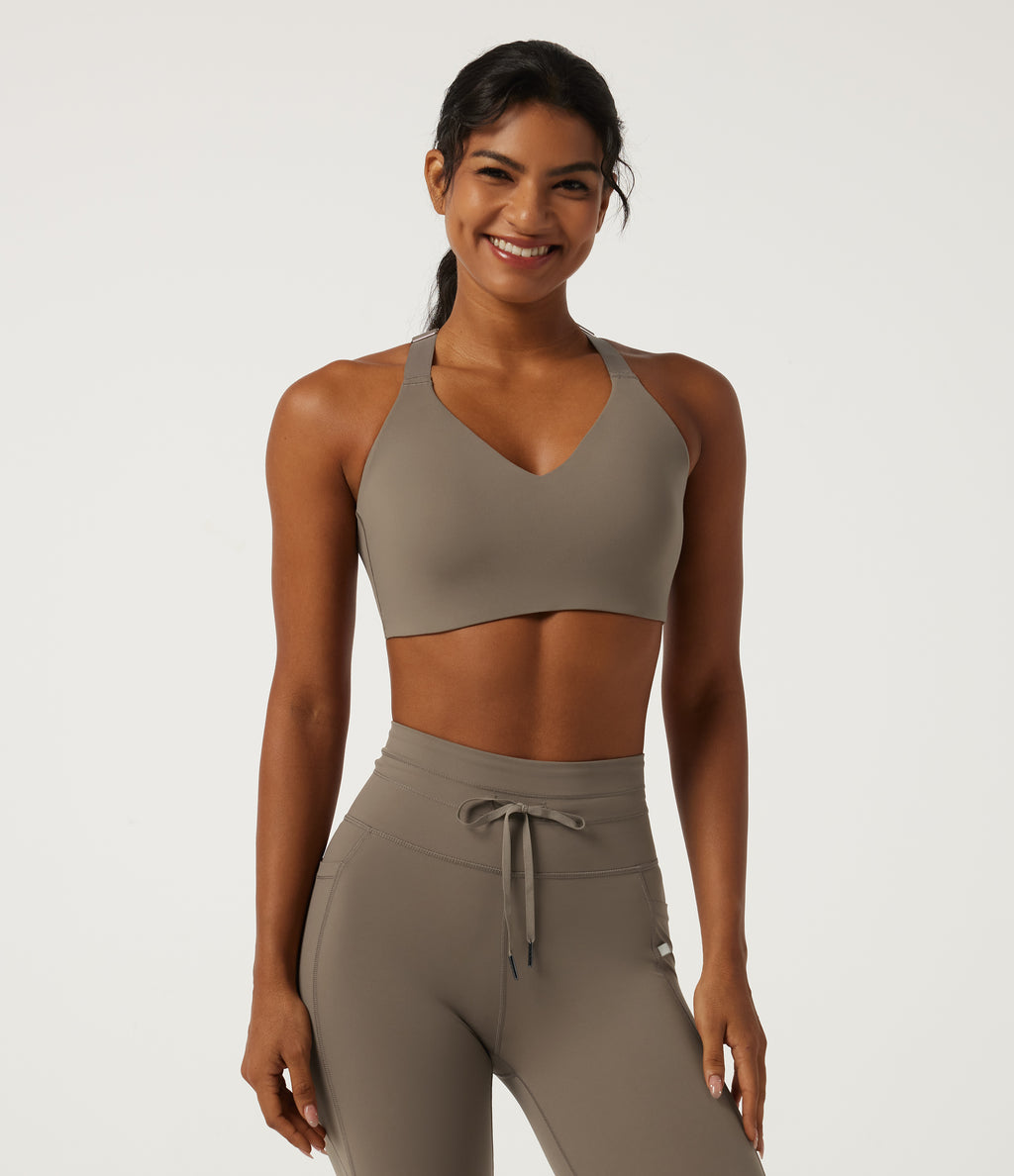 Deep V Neck Crisscross Back Training Sports Bras with Built-in Bra — Hay Brown — view 2