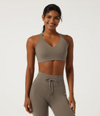 Deep V Neck Crisscross Back Training Sports Bras with Built-in Bra — Hay Brown — view 2