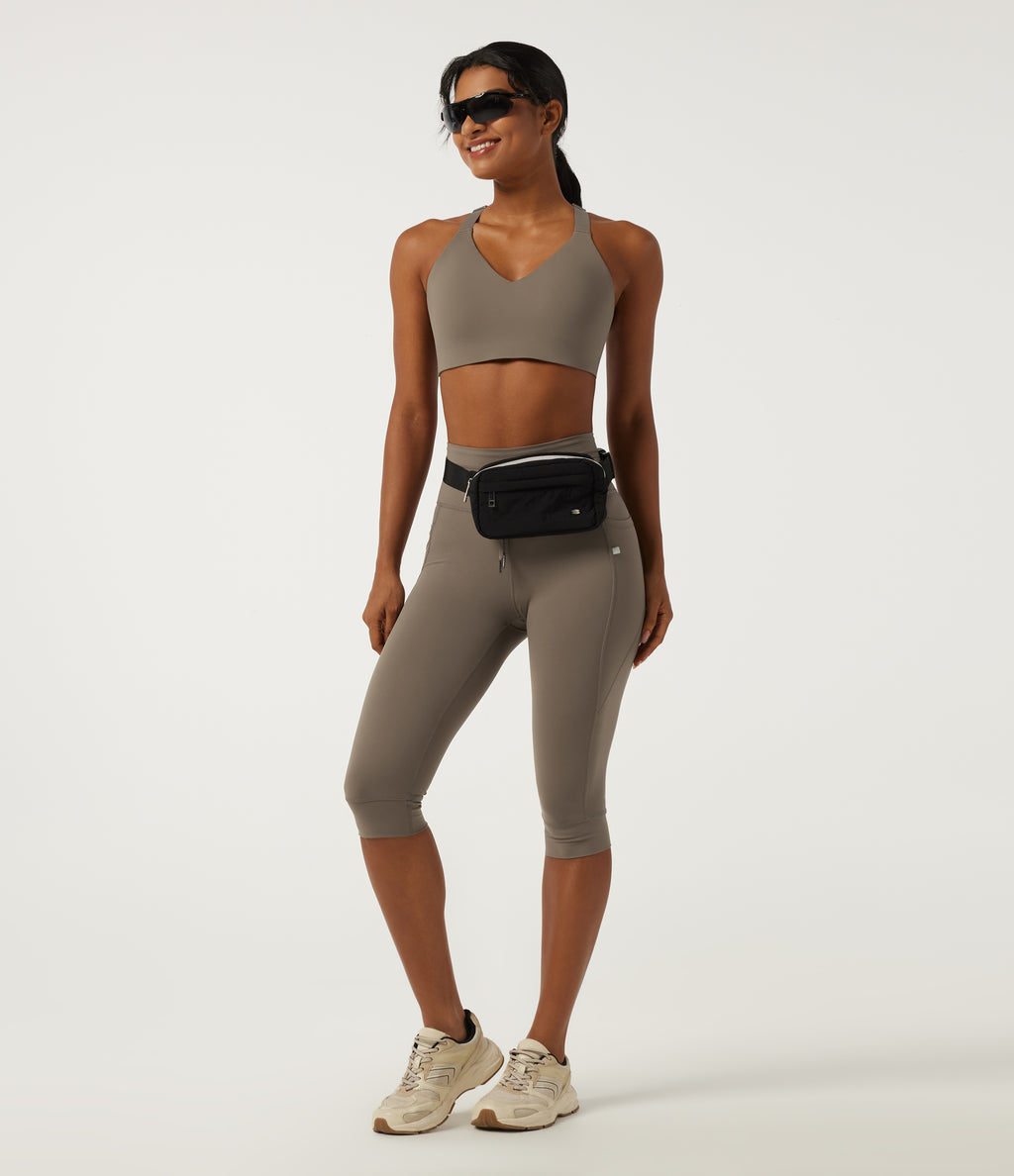 Deep V Neck Crisscross Back Training Sports Bras with Built-in Bra — Hay Brown — view 8