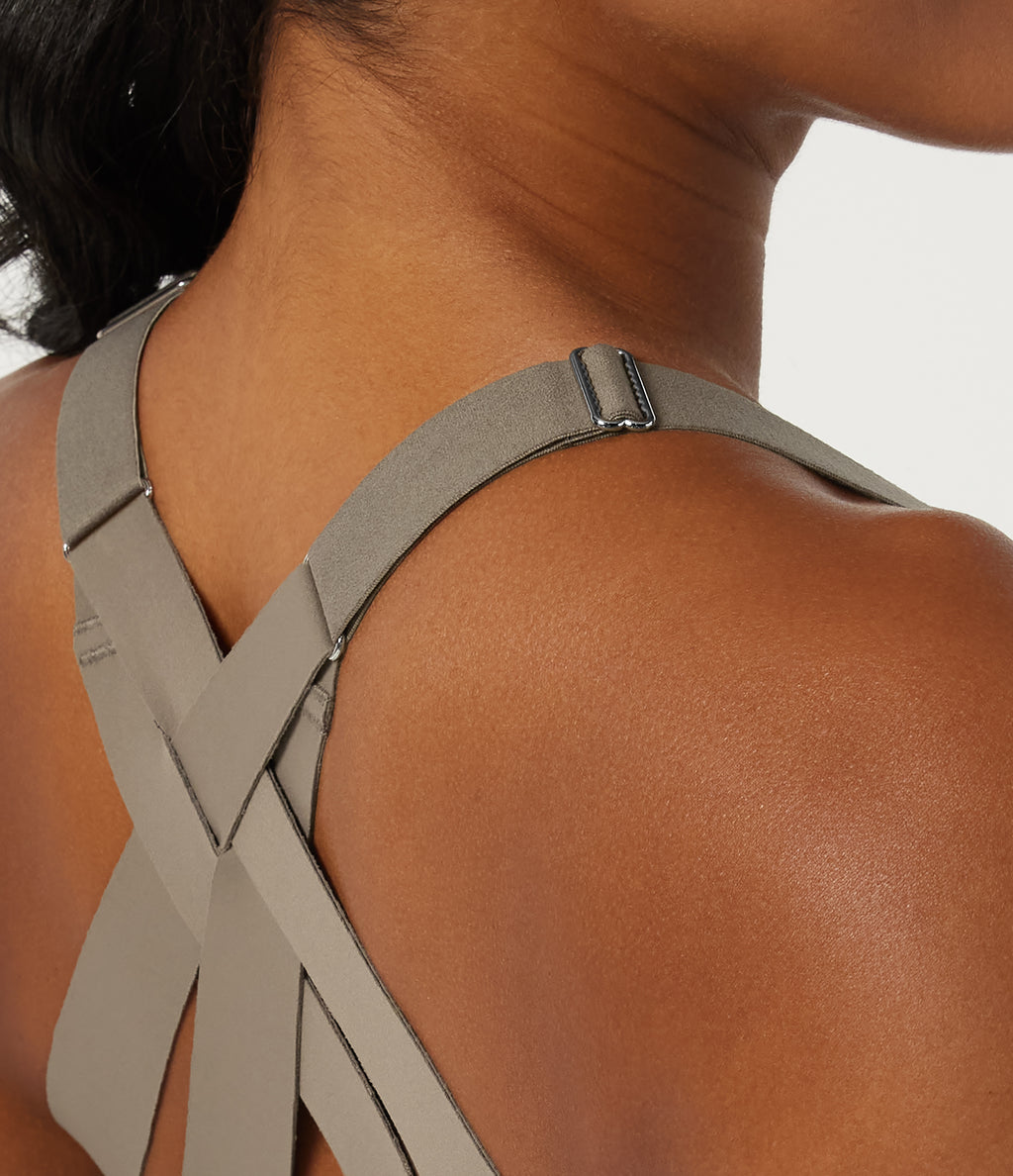 Deep V Neck Crisscross Back Training Sports Bras with Built-in Bra — Hay Brown — view 7
