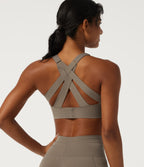 Deep V Neck Crisscross Back Training Sports Bras with Built-in Bra — Hay Brown — view 4