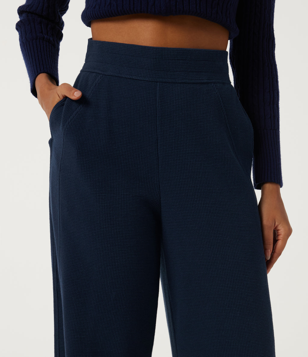 High Waisted Wide Leg Casual Cotton Sweatpants with Pockets — Moonless Navy — view 4