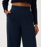 High Waisted Wide Leg Casual Cotton Sweatpants with Pockets — Moonless Navy — view 4