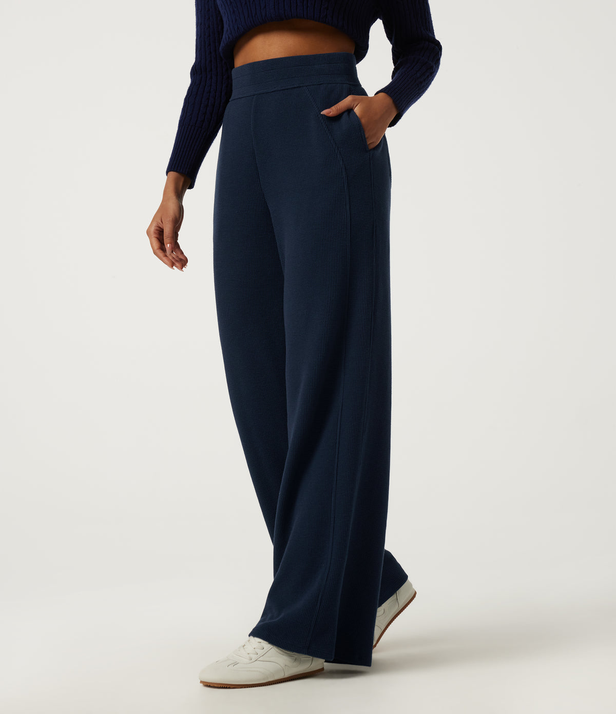High Waisted Wide Leg Casual Cotton Sweatpants with Pockets — Moonless Navy — view 1