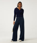 High Waisted Wide Leg Casual Cotton Sweatpants with Pockets — Moonless Navy — view 6