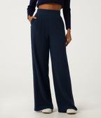 High Waisted Wide Leg Casual Cotton Sweatpants with Pockets — Moonless Navy — view 3