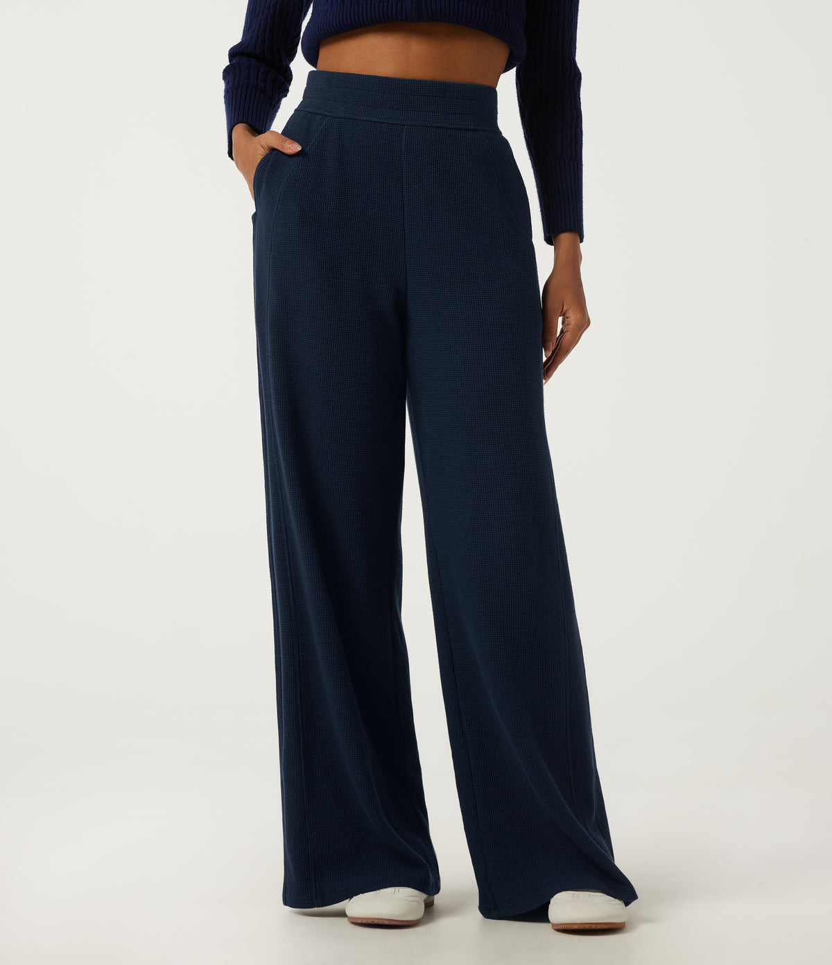 High Waisted Wide Leg Casual Cotton Sweatpants with Pockets — Moonless Navy — view 3