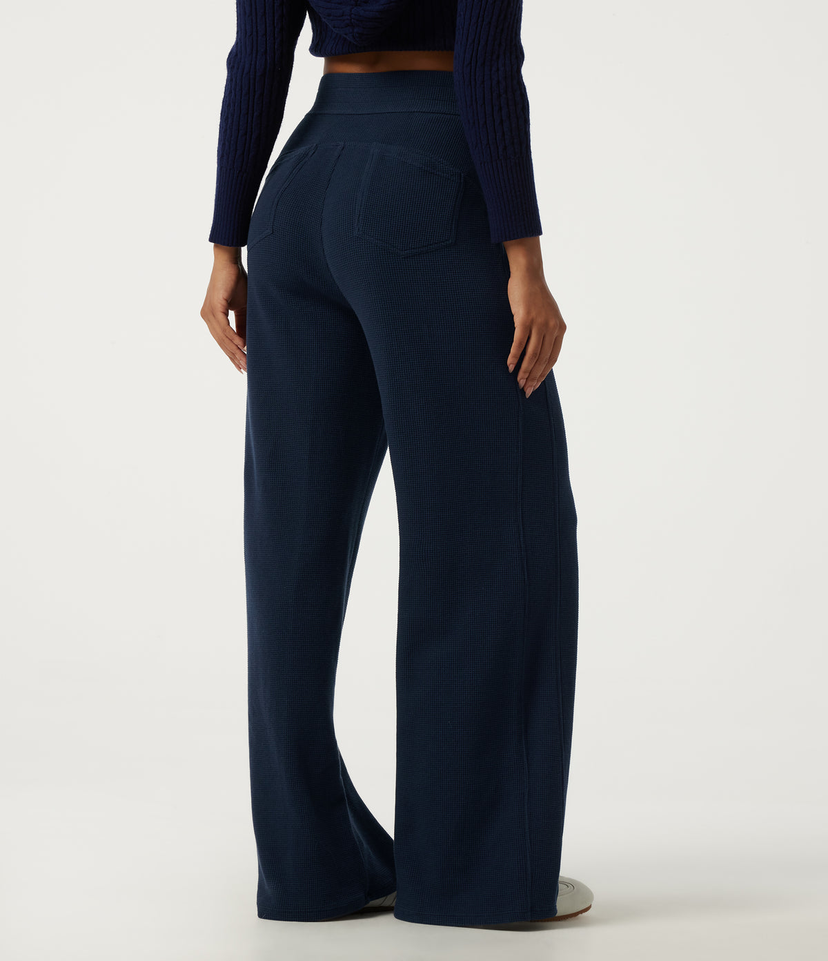 High Waisted Wide Leg Casual Cotton Sweatpants with Pockets — Moonless Navy — view 2