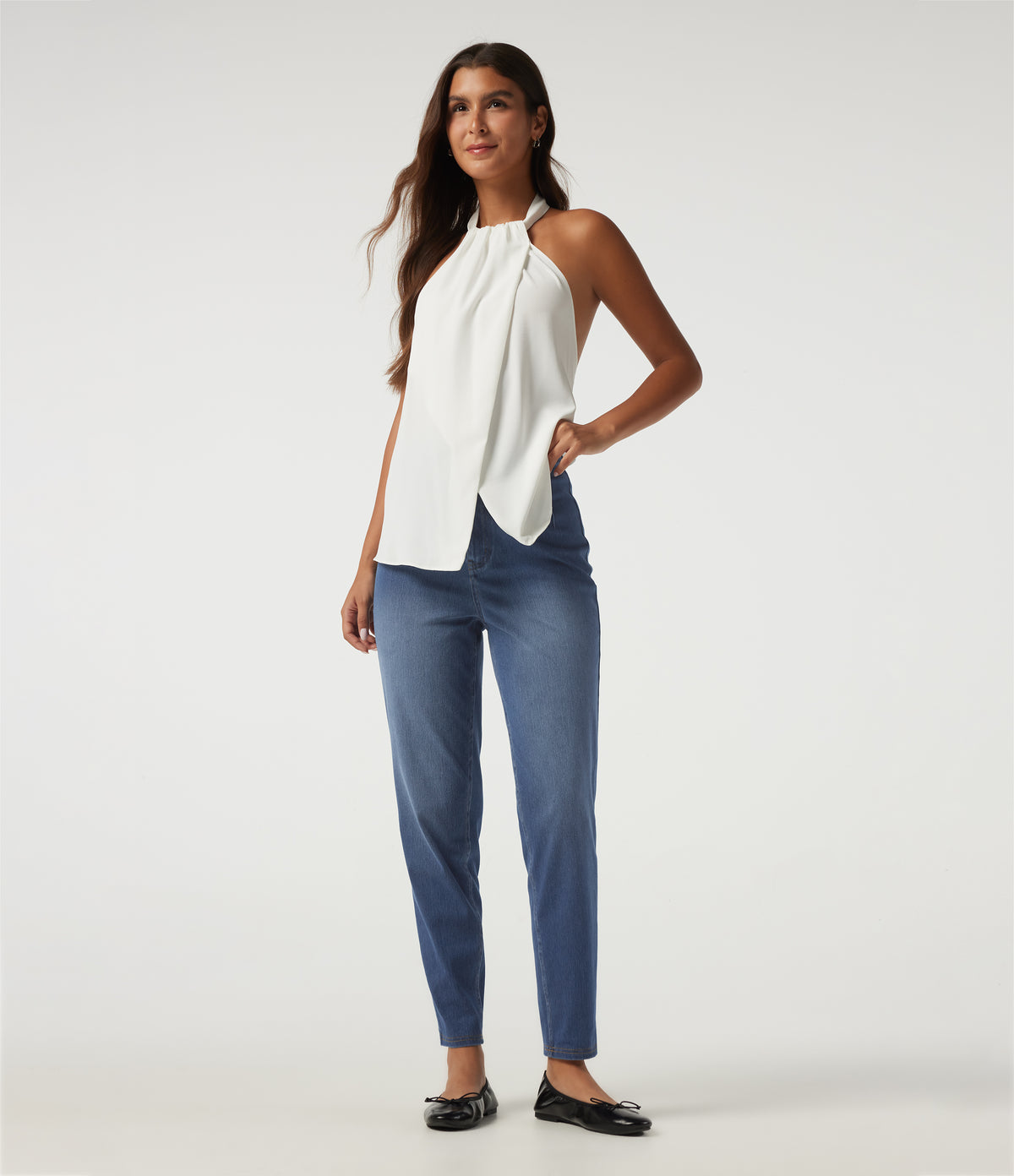 High Waisted Tapered Casual Jeans with Pockets — Tide Blue Denim — view 7