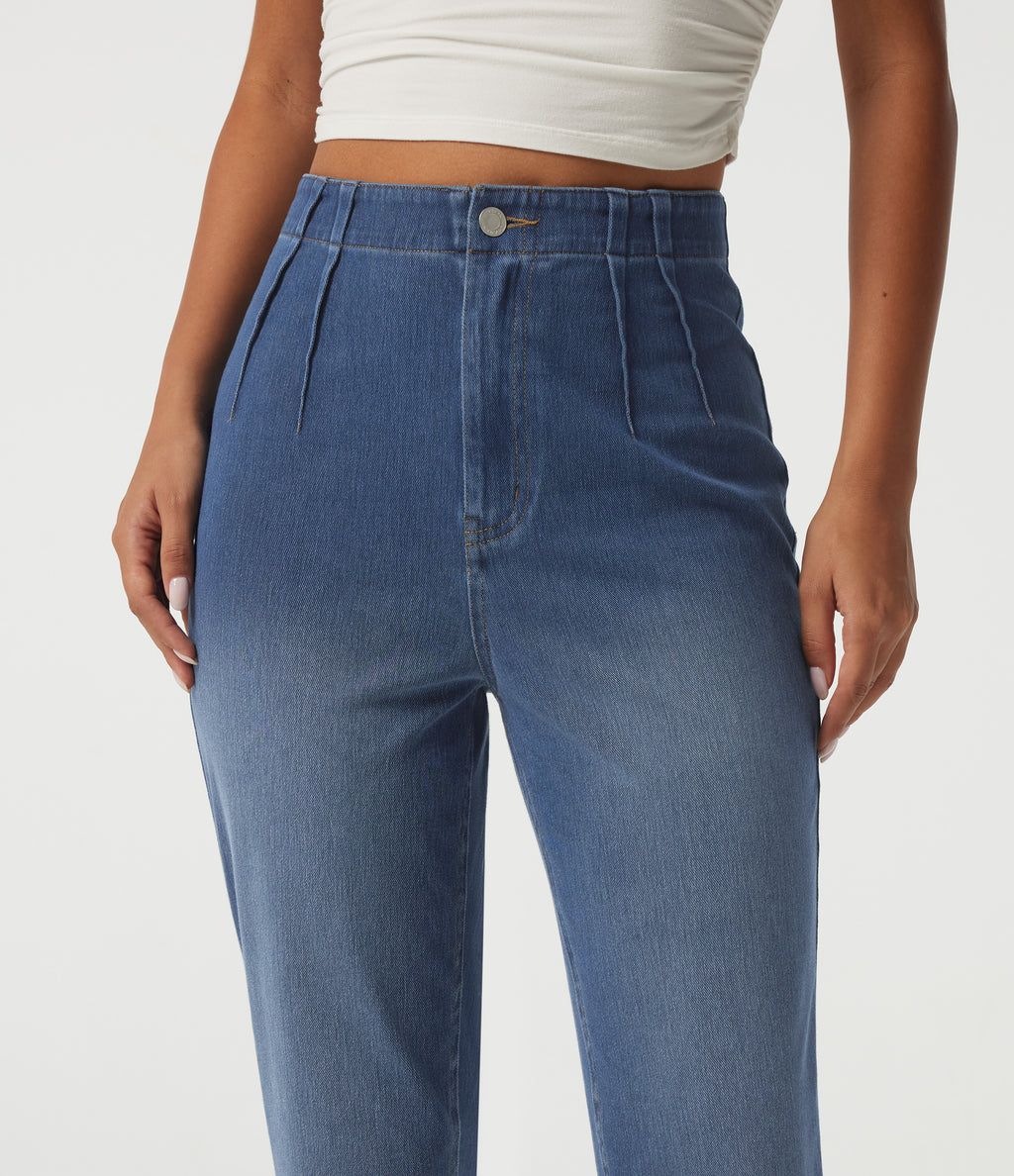 High Waisted Tapered Casual Jeans with Pockets — Tide Blue Denim — view 5