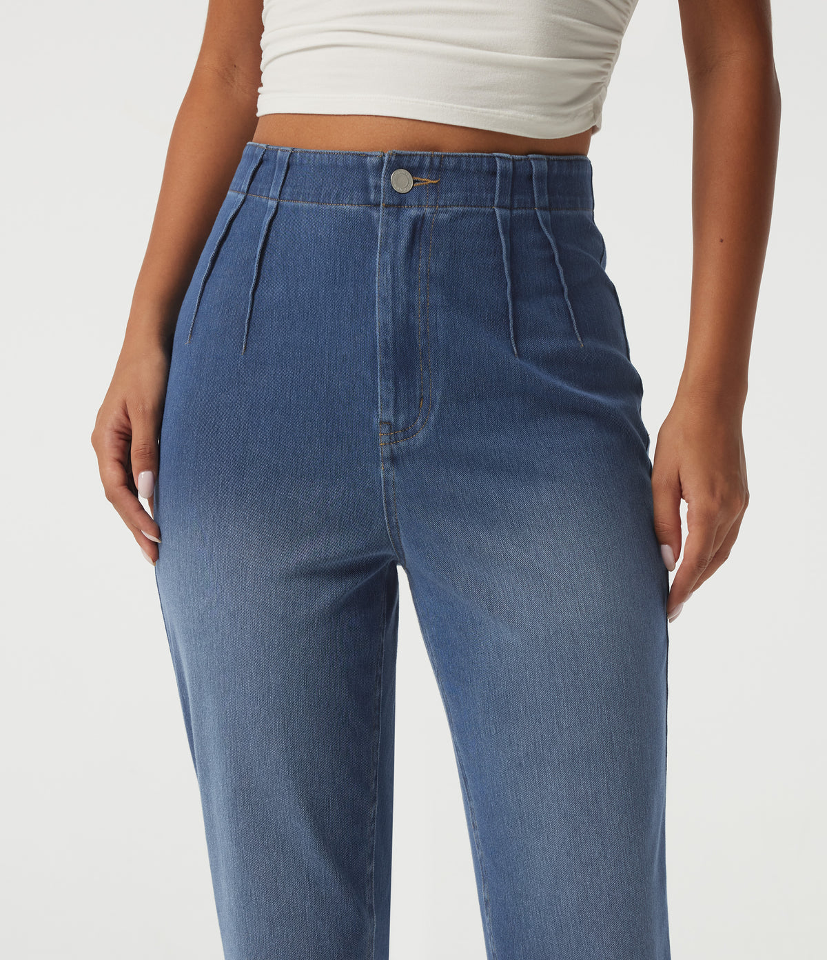 High Waisted Tapered Casual Jeans with Pockets — Tide Blue Denim — view 5