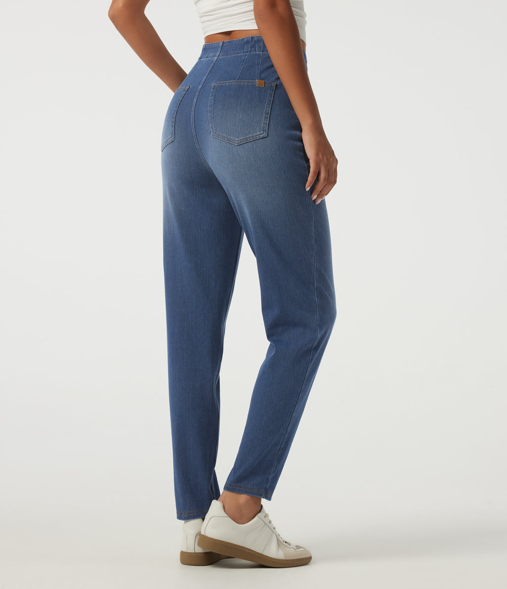 High Waisted Tapered Casual Jeans with Pockets — Tide Blue Denim — view 2